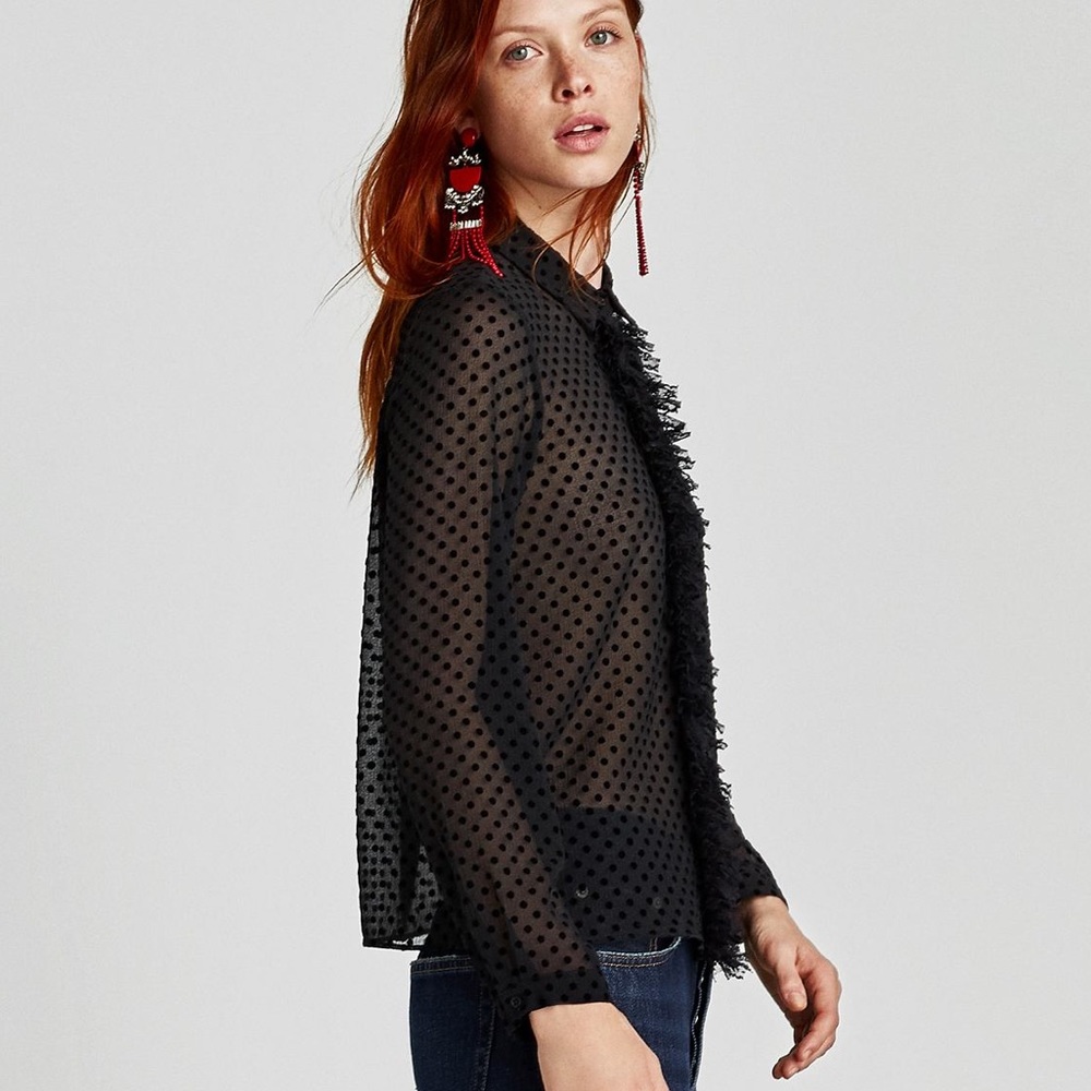 NWT Zara Black Sheer Polka Dot Button Down Blouse - Picture 4 of 7
